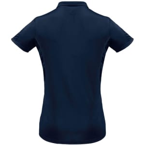 A women's short sleeve polo shirt in navy blue, featuring a back view with subtle design details and a logo.
