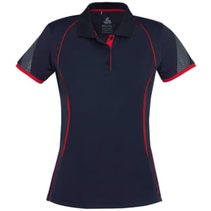 A women's short sleeve polo shirt in navy with red accents and patterned sleeve detail, featuring a logo.