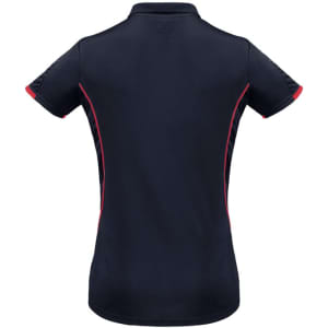 A navy blue women's short sleeve polo shirt with red accents and a branded logo.