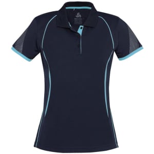 A women's short sleeve polo shirt in navy blue with light blue accents and a logo on the front.
