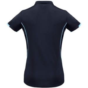 A navy women's short sleeve polo shirt with light blue accents and a logo on the back.