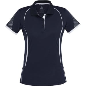 A women's short sleeve polo shirt in navy with white accents and mesh details on the shoulders. It features a logo.
