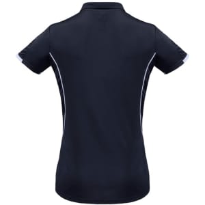 A women's short sleeve polo shirt in navy blue with contrast detailing and a logo on the left side.