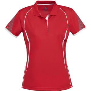 A red short sleeve polo shirt for women featuring mesh panels and contrasting white accents. It includes a logo.