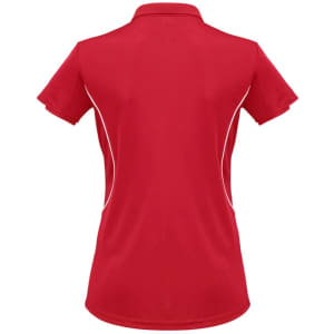 A red women's short sleeve polo shirt featuring white detailing and a logo. The back view highlights the cut and style.