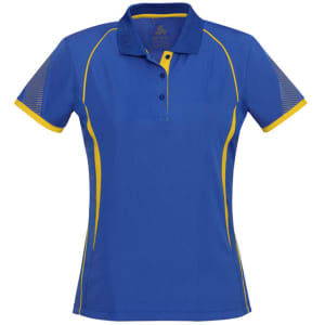 A women's short sleeve polo shirt in vibrant blue with yellow accents and a logo on the chest.