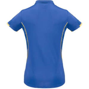 A blue women's polo shirt with short sleeves, featuring yellow side accents and a branded logo on the back.