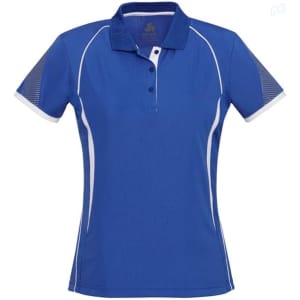 A blue women's short sleeve polo shirt with white accents and a logo on the chest.