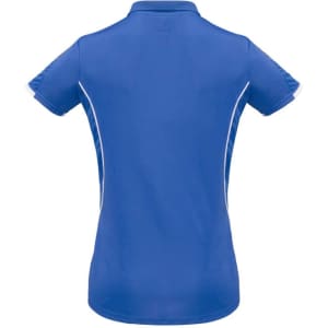 A blue women's short sleeve polo shirt featuring a curved hem and contrasting side panel detailing.
