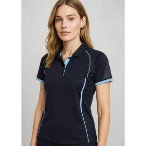 A women's short sleeve polo shirt in navy blue with light blue accents and a logo on the chest.