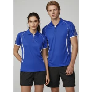 A women’s short sleeve polo shirt in bright blue with white accents, displayed alongside a matching men's version.