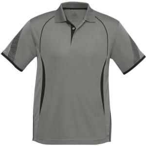 A short sleeve polo shirt in grey with contrasting black side panels and a logo on the chest.