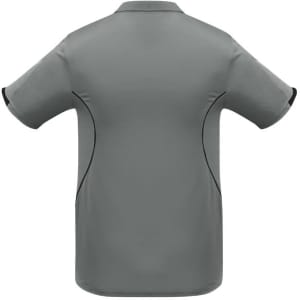 A grey short sleeve polo shirt featuring a sleek design and contrasting black accents. It has a logo on the back.