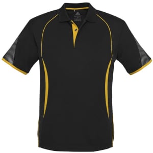 A black polo shirt with yellow accents and short sleeves, featuring a logo on the chest.
