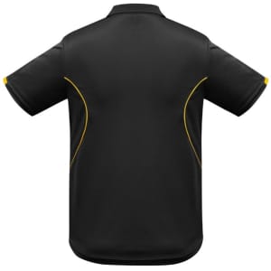 A black short sleeve polo shirt with yellow accents and a logo on the back.