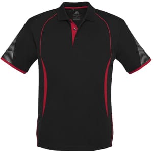 A black polo shirt with red accents and short sleeves, featuring a logo on one side.