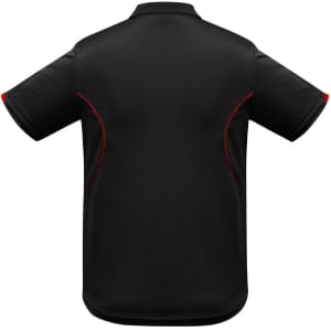 A black polo shirt with short sleeves, featuring red detailing and a logo.