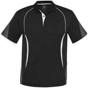 A black short sleeve polo shirt featuring white accents and a logo on the chest. Suitable for kids.