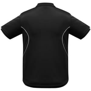 A black short sleeve polo shirt featuring contrasting white accents and a logo on the upper back.