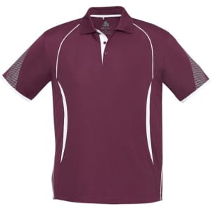 A maroon short sleeve polo shirt featuring white accents and a logo on the collar.