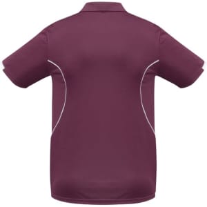 A burgundy kids' polo shirt with short sleeves and white accents, featuring a logo on the back.
