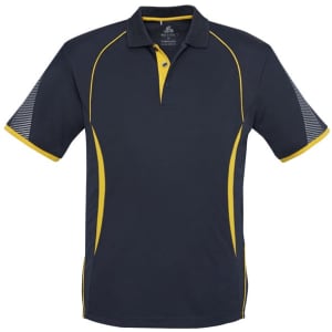A navy polo shirt with yellow accents and mesh sleeves, featuring a logo on the chest.