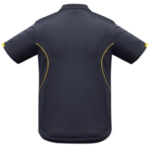 A dark grey polo shirt featuring yellow accents and a branding logo on the back. Short sleeves included.