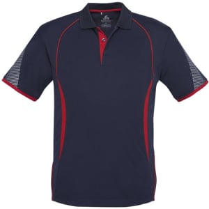 A navy blue polo shirt with red detailing and striped sleeves. It features a collar and a logo branding.