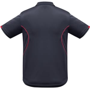 A dark grey polo shirt with short sleeves and red accent details, featuring a logo.