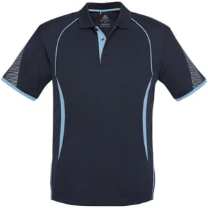 A black short sleeve polo shirt featuring light blue accents and a logo on the chest.