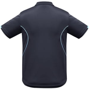 A navy short sleeve polo with blue accents and a logo on the back. Ideal for kids' casual wear.