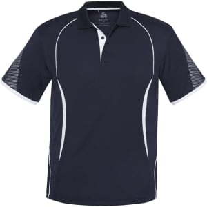 A navy blue short sleeve polo shirt featuring white accents and a branded logo on the collar.