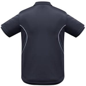 A navy short sleeve polo shirt featuring white piping, designed for kids. Includes a logo on the chest.