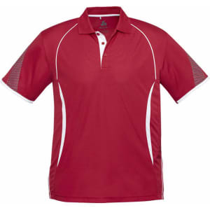 A red short sleeve polo shirt featuring white accents and a logo. Suitable for kids.