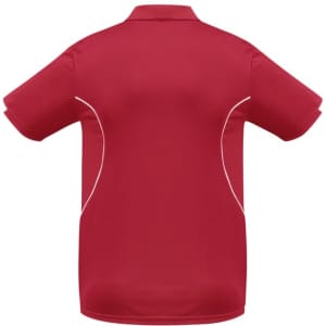 A red short sleeve polo shirt with contrasting white detailing and a logo on the chest.
