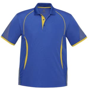 A blue polo shirt with yellow accents and mesh panels on the sleeves, featuring a logo on the chest.