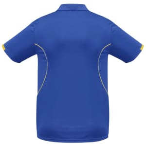 A blue short sleeve polo shirt with yellow accents and a logo on the back.