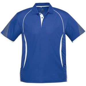 A blue short sleeve polo shirt featuring white accents and a logo. Suitable for kids.
