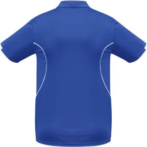 A blue polo shirt with short sleeves and white piping, featuring a logo on the back.