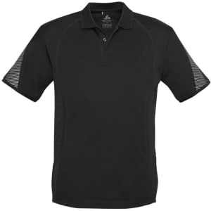 A black short sleeve polo shirt with mesh detailing on the shoulders and a logo.
