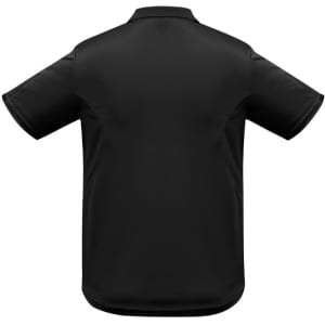 A black short sleeve polo shirt featuring a plain back design and a logo. Ideal for casual or semi-formal wear.