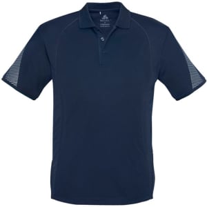 A navy blue short sleeve polo shirt featuring a patterned texture on the sleeves and a logo.