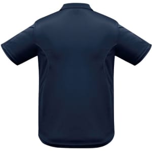 A navy short sleeve polo shirt featuring a logo on the back side. Suitable for casual wear.
