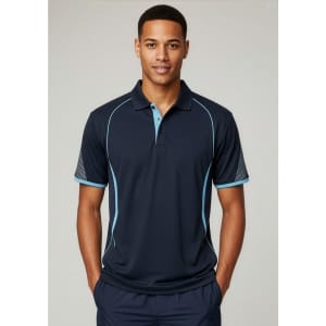 A navy short sleeve polo shirt with aqua accents and a logo, featuring mesh panels on the shoulders.