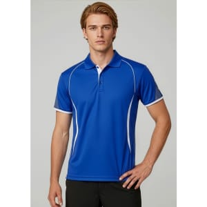 A blue short sleeve polo shirt with contrasting white accents and a collar, featuring a logo.