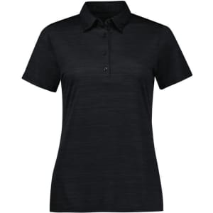 A black women's short sleeve polo shirt with a collar and button placket, featuring a subtle textured design.