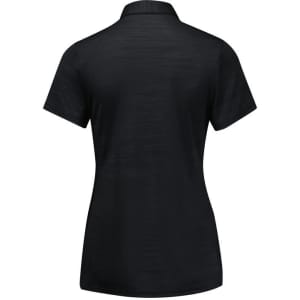 A black short sleeve polo shirt for women featuring a collar and a branding logo. Back view is displayed.