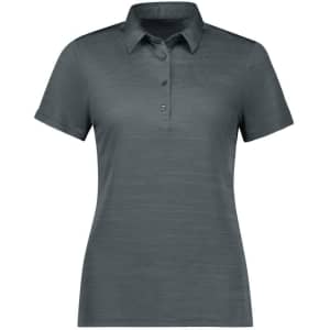 A women's polo shirt in a dark teal colour, featuring short sleeves and a collar, with a logo present.