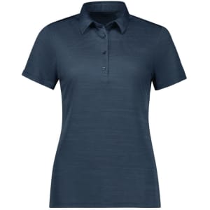 A women's short sleeve polo shirt in a navy blue colour with a collar and three-button placket. It features a logo.