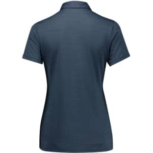 A women's short sleeve polo shirt in navy blue with a subtle texture and a collar, featuring a logo.